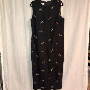 Talbots Black Linen Blend Maxi Dress Embroidered Floral Sleeveless Size 14